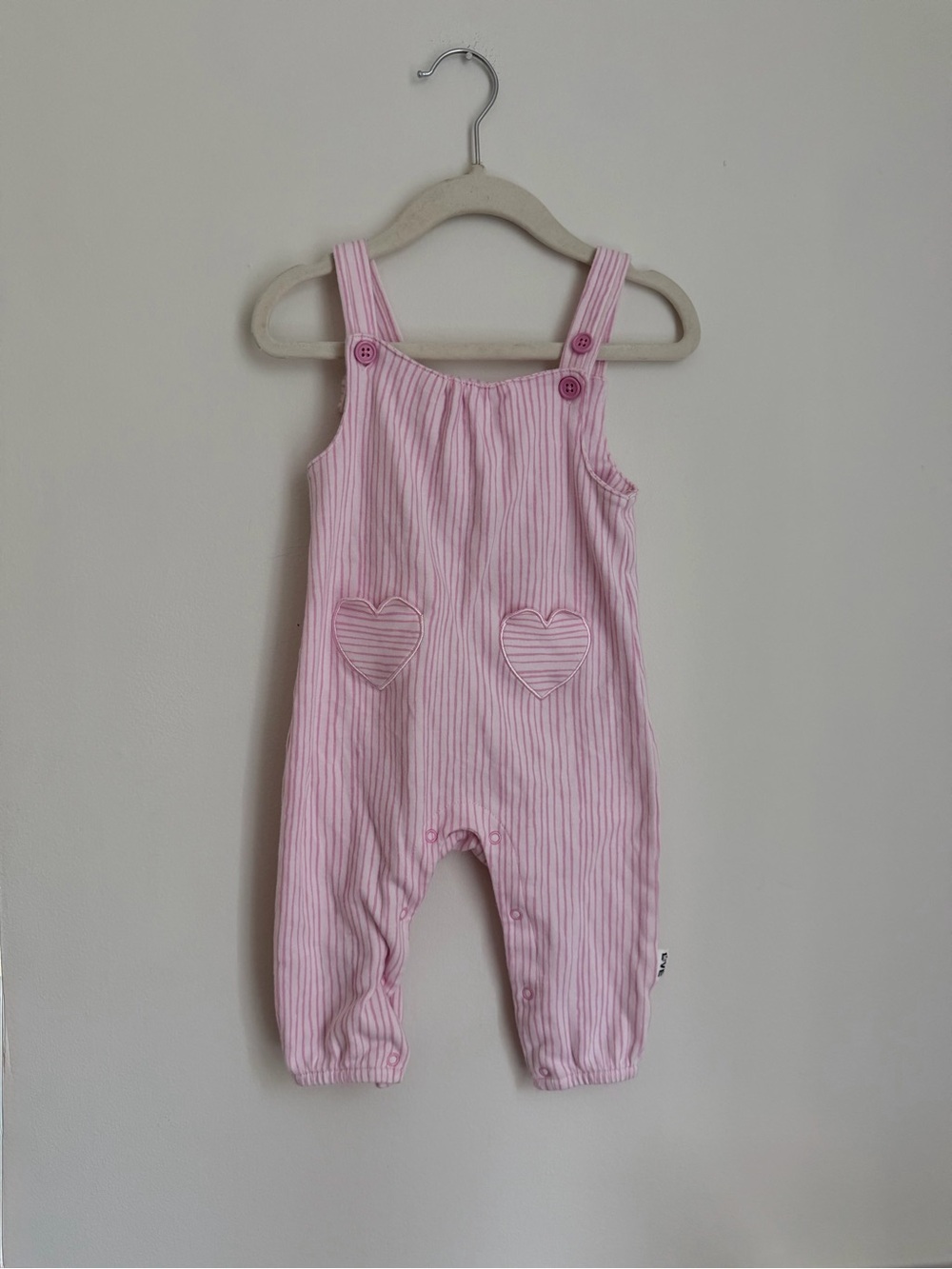 Love Ellen Pink Striped Heart Pocket Baby Romper (Size 6-12m)